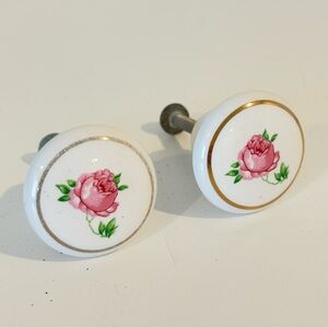 SET OF 6 Ceramic Floral knobs vintage cupboard pulls pink rose shabby chic decor